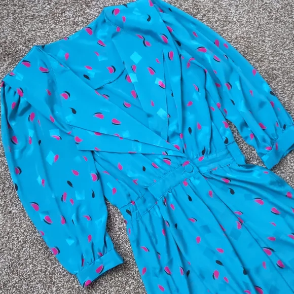 Awesome Retro 80s/90s Teal & Pink Brush Dot Collared Dress, Size 4/6 - Picture 2 of 9
